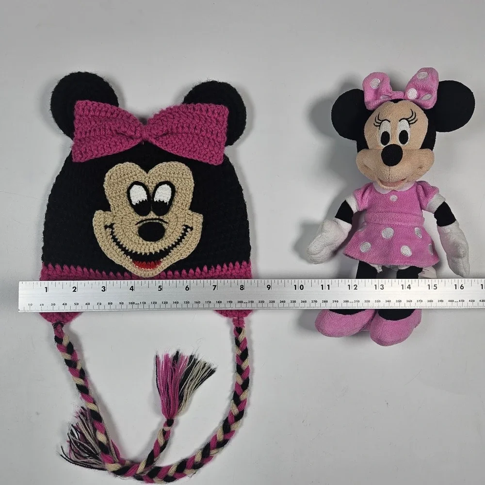 Disney Minnie Mouse Knit Hat Plush Bundle Girls OS Black Pink Crochet Beanie Toy